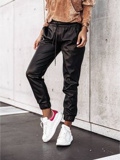 Faux Leather Drawstring Pockets Joggers Street Mode, Drawstring Waist Pants, Work Pants Women, Leather Joggers, Slacks For Women, Leather Pants Women, Black Khakis, Slim Pants, Fashion Colours