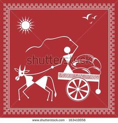 an image of a horse pulling a carriage with a man on the front and sun in the background