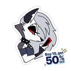 a sticker with an image of a person holding a cell phone and the text buy 10 get 50 % off