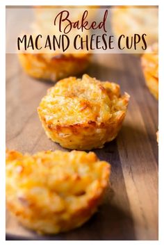 baked macaroni and cheese cups on a wooden cutting board with text overlay