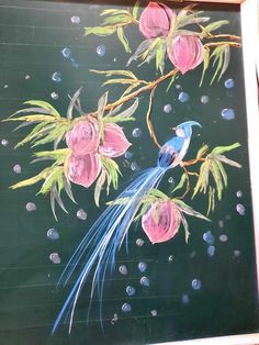 a painting of two birds on a branch with pink flowers