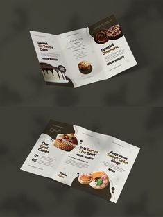 three different views of an open menu with donuts and chocolates on the side