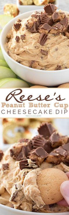 the peanut butter cup cheesecake dip is ready to be eaten