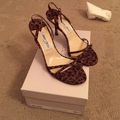 Brand New Never Worn. Sling Back Leopard Print Heels. Crisscross On The Front Toe. Very Cute. Comes With Original Box Chic Brown Cross Strap Sandals, Designer Brown Sandals With Wrapped Heel, Brown Strap Sandals For Evening, Designer Brown Sandals With 4-inch Heel, Sling Back Sandals, Vintage Leopard, Leopard Print Heels, Jimmy Choo Shoes, Sling Back