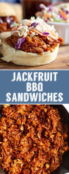 jackfruit bbq sandwiches in a skillet with coleslaw on the side