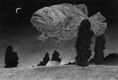 a black and white drawing of a fish flying in the air over a field at night