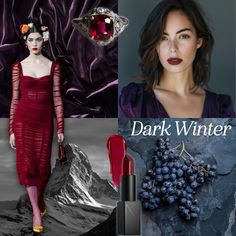 Deep winter seasonal color palette, makeup, and outfit ideas Tr Kibbe, Deep Winter Color Palette Outfits, Deep Winter Outfits, Dark Winter Outfits, Deep Winter Hair Color, Dark Winter Color Palette, Fashion Language