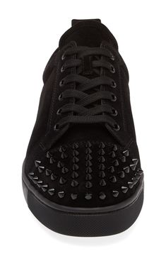 Tonal cone studs barricade the toe of an unmissable sneaker offered in velvety calfskin suede and finished with a plug of signature red in the sole Lace-up style Wipe with a soft, dry cloth and store in a dust bag Removable insole Leather upper and lining/rubber sole Made in Italy Designer Shoes Black Studded Low-top Sneakers, Edgy Black Studded Sneakers, Low-top Studded Sneakers For Streetwear, Studded Low-top Sneakers For Streetwear, Black Leather Sneakers With Studs, Black Leather Sneakers With Spikes, Edgy Leather Sneakers With Spikes, Black Sporty Sneakers With Spikes, Black Spiked Sneakers For Streetwear