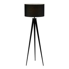 a floor lamp with a black shade on the base and a wooden tripod design