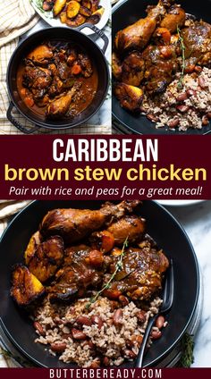 the recipe for brown stew chicken is shown in three different pictures, with text overlay