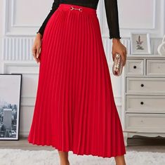 Elegant Design High Waisted Pleated Skirt Chain Embellishments Detail On The Waist. Skirt Chain, Skirts Pleated, Embellishment Details, High Waisted Pleated Skirt, Pleated Midi Skirt, Women Skirts Midi, Skirt Fashion, Pleated Skirt, Elegant Design