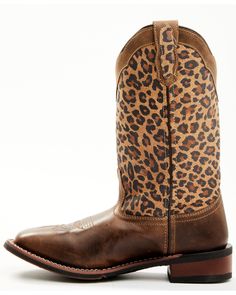 Leather. 10.5" shaft height. Broad Square toe. Side pull tabs. Leopard print inlay with stitched trim. Stockman heel. 1.5" heel. Womens Cowgirl Boots, Leopard Boots, Wood Bridge, Boots For Sale, Cowgirl Boots, Boot Shop, Western Boots, Cowboy Boots, Outfit Of The Day