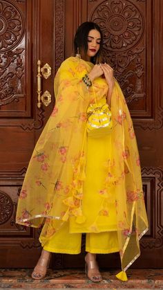 buttercup-yellow-suit-set-11403218YL, Women Indian Ethnic Clothing, Cotton Kurta Set Dupatta Yellow Suit Indian, Kurti And Palazzo, Kurta Pattern, Organza Kurti, Dupatta Dress, Yellow Kurti, Organza Suits, Kurta Cotton, Cotton Anarkali