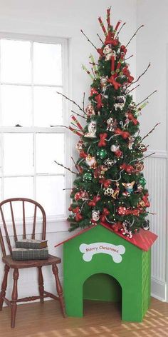 a small christmas tree in the corner of a room with a dog house under it