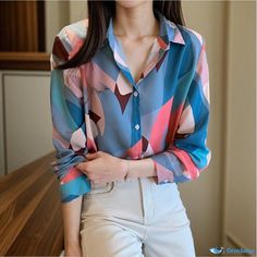 Orcajump - Loose-Fit Print Chiffon Blouse with Open Collar, Casual Long Sleeve Shirt Floral Print Chiffon Blouse, Printed Chiffon Tops, Ladies Chiffon Shirts, Women Chiffon Blouse, Floral Print Chiffon, Chiffon Fashion, Casual Long Sleeve Shirts, Chiffon Shirt, Chiffon Blouse