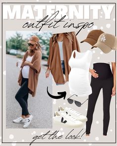 Maternity outfit idea black maternity leggings with white tank top and rust brown colored cardigan with sneakers and brown baseball hat Pregnant Casual Outfits Fall, Jogger Maternity Outfit, Maternity Outfits Leggings Summer, Maternity Sneaker Outfit, Maternity Comfortable Outfits, Maternity Travel Outfit Winter, Baseball Game Outfit Pregnant, Maternity Outfits 20 Weeks, Maternity Airport Outfit Summer