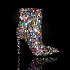 Create a dazzling fashion statement with these Rainbow Rhinestone Embellished Stiletto Heel Ankle Boots. Featuring a stunning rhinestone embellishment, these trendy and durable ankle boots are sure to become a favorite. Step out in style with confidence. Rubber sole Shaft measures approximately Ankle from arch Heel measures approximately 3.2 inch Heart Shoes, Ankle Dress, Winter Knit Hats, Heel Ankle Boots, Boot Accessories, Cool Boots, White Maxi Dresses, Winter Knits, Heeled Ankle Boots