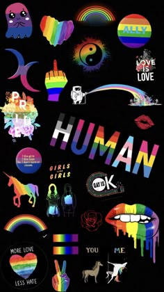 a poster with the words human written in different languages and colors on it, including rainbows