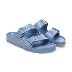 Women's Birkenstock Arizona EVA (Narrow) - Elemental Blue Our best-selling sandal in an ultra-lightweight style. The Arizona EVA sandal is made from water-friendly material, giving you a flexible design built on the contoured footbed you love most. The perfect throw-and-go style for everything from the pool to post-workout. DETAILS: Contoured footbed for legendary BIRKENSTOCK® support Made from single piece of EVA Water-friendly, lightweight & flexible Two adjustable straps with pin buckles Made Elemental Blue, Birkenstock Arizona Eva, Arizona Eva, Birkenstock Women, Rubber Sandals, Flexible Design, Birkenstock Arizona, Post Workout, The Pool