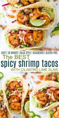 the best spicy shrimp tacos with cilantro lime slaw are ready to be eaten