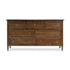 an old wooden dresser with drawers and knobs on the bottom, against a white background