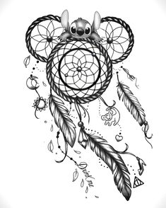 a drawing of a dream catcher with feathers on it's head and an eyeball in the center