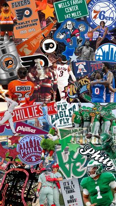 a collage of sports related items including signs, football players and other sporting memorabilia