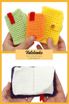 On top: a pair of hands holds 3 amigurumi notebooks. At the bottom: a pair of hands holds an opened journal. Crochet Pen Cover Free Pattern, Crochet Notebook Cover Free Pattern, Crochet Book Amigurumi, Crochet Notebook Paper Blanket, Crochet Chemistry Set Free Pattern, Crochet Notebook, Amigurumi Pattern Free, Pattern Free Amigurumi