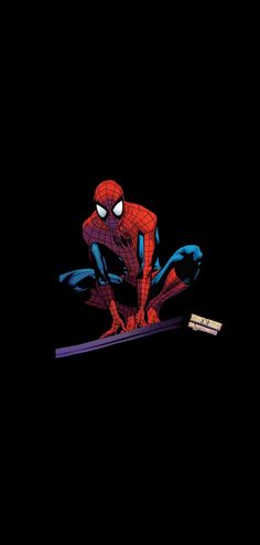 a spider - man is sitting on top of a piece of wood with his legs crossed