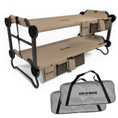 two bunk beds with carry bag and duffel bag on the bottom one is beige