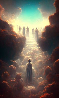 a group of people standing in the middle of clouds with one person looking at them