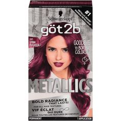 For a multi-dimensional metallic look. Head-turning radiance and anti-fading effect for permanent hair dye that lasts. Formulated with metallic-shine booster for cool, shimmering tones In the box: 1 tube color cream, 1 application bottle with developer lotion, 1 tube color after treatment, 1 pair of gloves, and 1 instruction leaflet Try On Hair Color, Got2b Metallics, Metallic Hair Color, Violet Hair Colors, Schwarzkopf Got2b, Schwarzkopf Color, Violet Hair, Natural Hair Wigs, Hair Color Cream