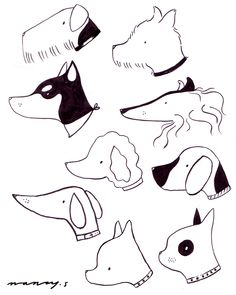 some drawings of dogs with hats on their heads and noses, all in black and white