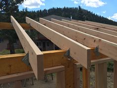 some wooden beams are attached to the side of a house