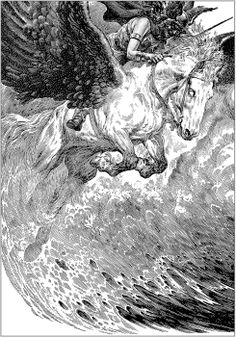 an angel riding on the back of a white horse over a body of water with a bird flying above it