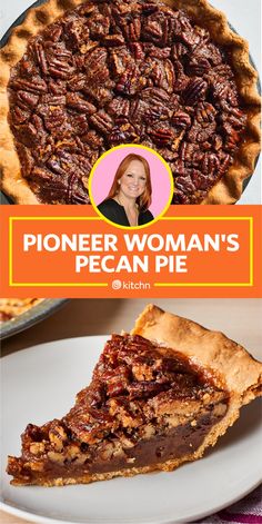 a pie with pecans on top and the words, pioneers woman's pecan pie