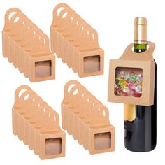 six wine bottles in cardboard boxes with a bottle opener