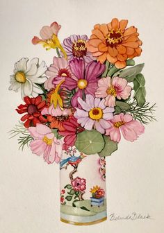 a painting of colorful flowers in a vase