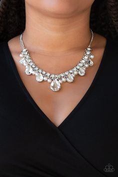 A glamorous collection of bubbly white pearls and exaggerated white teardrop gems dangle from a bold strand of white rhinestones, creating a knockout fringe below the collar. Features an adjustable clasp closure. Pageant Jewelry, Jewelry Everyday, Bling Necklace, Silver Pearl Necklace, White Pearl Necklace, Paparazzi Accessories, White Necklace, White Rhinestone, Paparazzi Jewelry