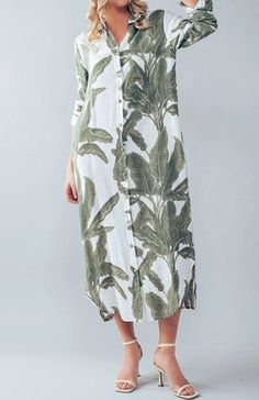 Elegant Casual Palm Leaf Shirt Dress for Beach This palm leaf print dress is as breezy and effortless as a tropical vacation. Perfect for summertime strolls, it features elegant long sleeves, adjustable length, and a lightweight fabric that will keep you feeling cool and stylish. The white palm leaf print adds a touch of playful charm to this long shirt dress. Great for beach cover up as well Wear in city as well Styling with western boots, sandals, and more. It is versatile styling. Beautiful n Summer Vacation Floral Print Shirt Dress, Summer Beach Printed Shirt Dress, Summer Vacation Shirt Dress With Floral Print, Summer Floral Print Shirt Dress, Casual Printed Shirt Dress For Beach, Casual Green Shirt Dress For Vacation, Green Shirt Dress For Summer Vacation, Casual Palm Tree Print Dresses For Summer, Casual Summer Dresses With Palm Tree Print