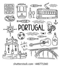 black and white hand drawn portugal travel doodle with the word portugal surrounded by various symbols