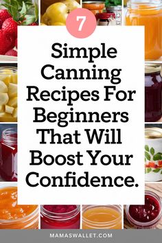 Various canned fruits and vegetables in jars for home canning tips, promoting 7 simple canning recipes for beginners at MamasWallet.com. Canning Vegetables For Beginners, Canning Basics, Easy Dill Pickles