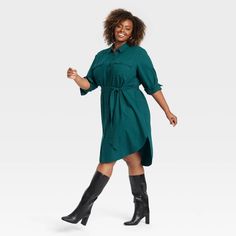 Dress up for casual get-togethers in cool style with this Long-Sleeve Midi Shirtdress from Ava & Viv™. The long-sleeve shirtdress is crafted from cotton denim fabric for a comfortable drape, and the collared button-down front provides ease of wear. A tie belt for cinching your waist and a high-and-low hem for a fun movement complete the look. Casual Long Sleeve Shirt Dress For Fall, Casual Collared Winter Dress, Casual Fall Shirt Dress With Pockets, Casual Dresses With 3/4 Roll-up Sleeves, Casual Dresses With Roll-up 3/4 Sleeves, Casual Dress With 3/4 Roll-up Sleeves, Fall Cotton Shirt Dress With Roll-up Sleeves, Casual Shirt Dress With Relaxed Fit For Fall, Casual Dress With Roll-up 3/4 Sleeves