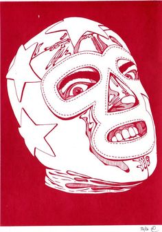 a red and white drawing of a mask