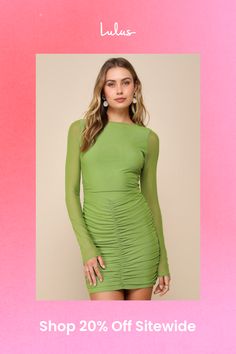 Stop the show and steal the limelight with the help of the Lulus Eye-Catching Favorite Green Mesh Ruched Long Sleeve Mini Dress! This attention-grabbing dress has a stretchy mesh knit composition with a crew neckline and a fitted bodice, framed by sheer long sleeves. Figure-flaunting bodycon skirt boasts flattering ruching throughout before ending at a mini hem. Hidden back zipper/clasp. Fit: This garment fits true to size. Length: Mid-thigh. Size medium measures 32.5" from shoulder to hem. Bust Green Fitted Sheer Mesh Dress, Fitted Green Sheer Mesh Dress, Green Mesh Dress For Spring, Spring Green Mesh Dress, Fitted Sheer Green Mesh Dress, Spring Fitted Nylon Mesh Dress, Fitted Nylon Mesh Dress For Spring, Green Stretch Flirty Mini Dress, Spring Stretch Nylon Bodycon Dress