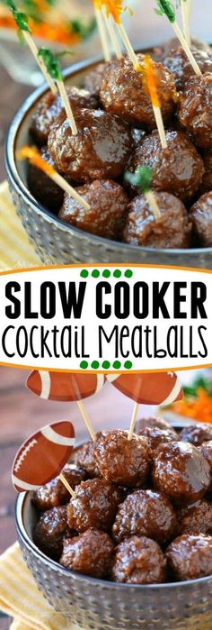 slow cooker cocktail meatballs with toothpicks in the middle and on top