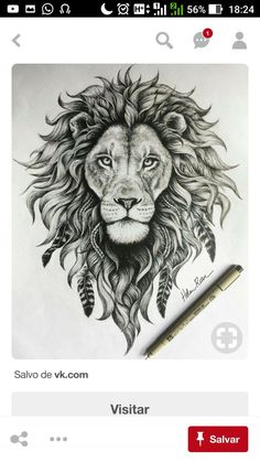 a drawing of a lion with long manes on it's head and eyes