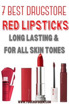 These are the best drugstore red lipsticks that are long lasting and for every skin tone. They are very highly rated , have the best quality and offered in very affordable prices! Choose your next red lipstick color that will make you glowing! Drugstore red lipstick | drugstore red lipstick for fair skin | best drugstore red lipstick for brunettes| best drugstore red lipstick swatches | makeup products #redlipsticks #drugstoremakeup #bestlipstick #mattelipstick #lipgloss Red Lipstick For Brunettes, Lipstick For Brunettes, Drugstore Red Lipstick, Red Lipstick For Fair Skin, Lipstick Drugstore