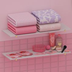 a shelf with towels and other items on it in a pink tiled bathroom, 3d illustration