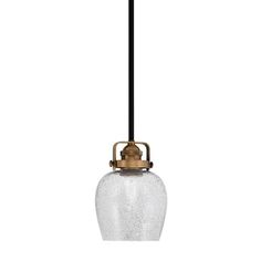 a small glass light hanging from a ceiling fixture